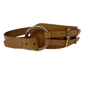 NWOT Womens Michael Kors Lug  Tan Animal Print Leather Gold Metal Belt Sz Medium